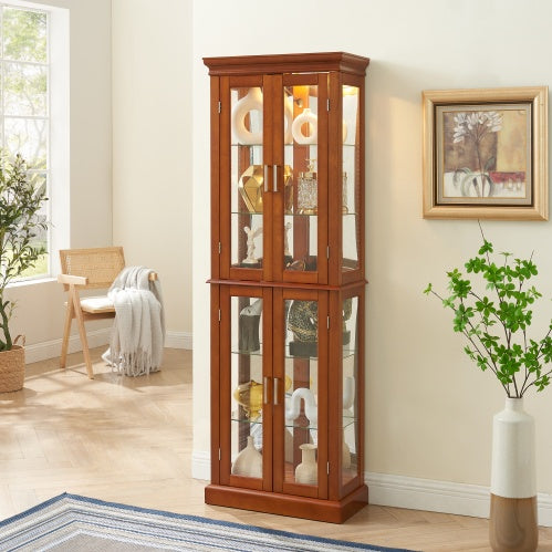 US Local Curio Cabinet Lighted Curio Diapaly Cabinet With Adjustable Shelves And Mirrored Back Panel, Tempered Glass Doors