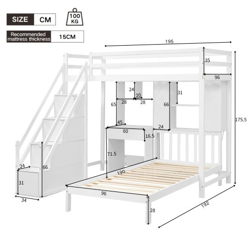 UK Local Wood House Bunk Bed 90x190 Cm,Bunk Bed, Double Bed, Multifunctional Children's Bed, Storage Space Function, With Desk And Shelves, With Slatted Frame, White