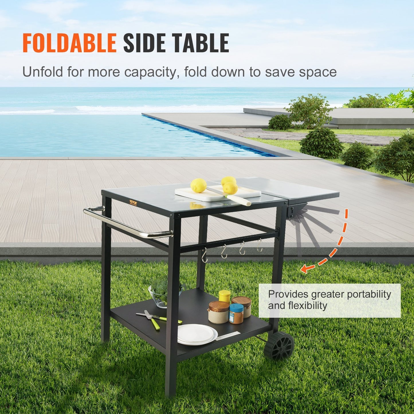 US Local Outdoor Grill Dining Cart With Double-Shelf, BBQ Movable Food Prep Table, Multifunctional Foldable Iron Table Top, Portable Modular Carts For Pizza Oven, Worktable With 2 Wheels, Carry Handle