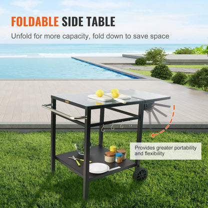 US Local Outdoor Grill Dining Cart With Double-Shelf, BBQ Movable Food Prep Table, Multifunctional Foldable Iron Table Top, Portable Modular Carts For Pizza Oven, Worktable With 2 Wheels, Carry Handle