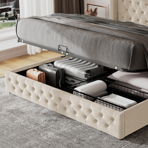 UK Local Upholstered Bed, With Hydraulic Lever, Functional Bed From Storage, 150 X 200 Cm, Without Mattress, Velvet, Beige