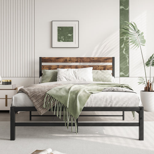 US Local Full Size Platform Bed Frame With Rustic Vintage Wood Headboard, Strong Metal Slats Support Mattress Foundation, No Box Spring Needed Rustic Brown
