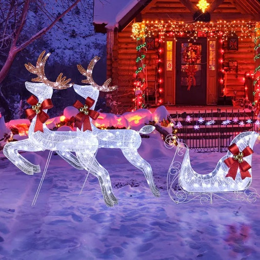 US Local 3-Piece Lighted Set Of 2 Reindeer & Sleigh, Weather Proof Christmas Outdoor Decorations With Pre-lit 270 LED White Lights And Stakes For Xmas Outdoor Holiday Indoor Decor Lighted Holiday Displays, Whi