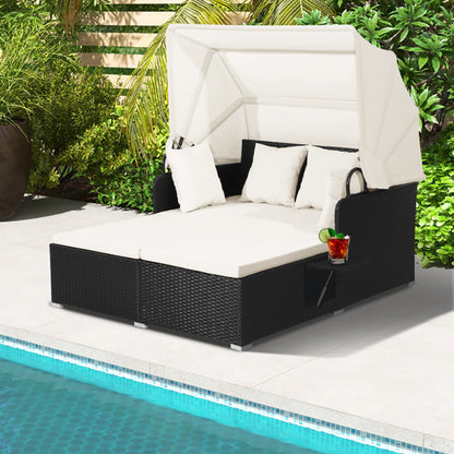 US Local Patio Rattan Daybed With Retractable Canopy And Side Tables