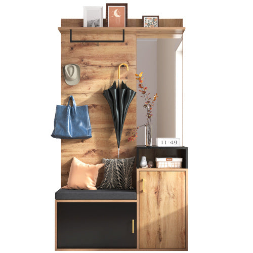 UK Local Wardrobe Set, With 4 Coat Hooks, Mirror, Shoe Cabinet, Wall-mounted Coat Rack, Upper Storage Shelf, Hallway Wardrobe With Bench Seat.