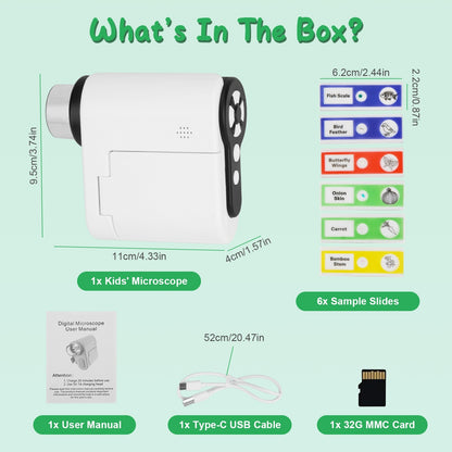 US Local 1Pc 3 In 1 Kids Microscope Telescope Camera 1,000X Handheld USB Mini Microscope With LED Light 6 Sample Slides 32G MMC Card For Boys Girls Aged 6 Years Old