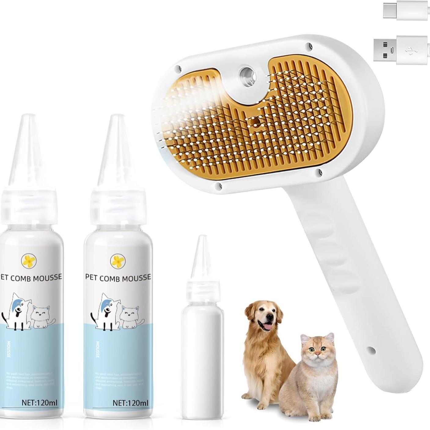 US Local Universal Pet Steam Brush For Cats And Dogs 3-in-1 Spray Hair Removal Comb With Waterless Shampoo And Ear Towel