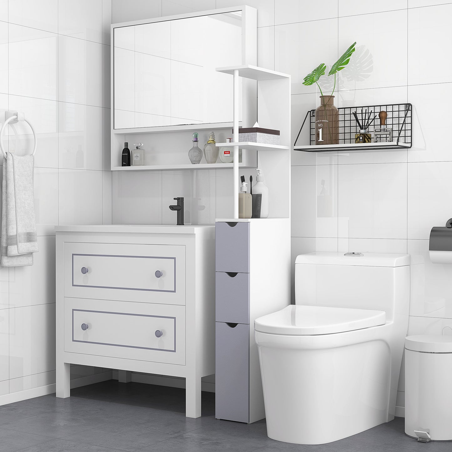 US Local 55  Tall Bathroom Cabinets, Narrow Storage Cabinet Freestanding Linen Tower With 2 Tier Shelf And Drawers, White