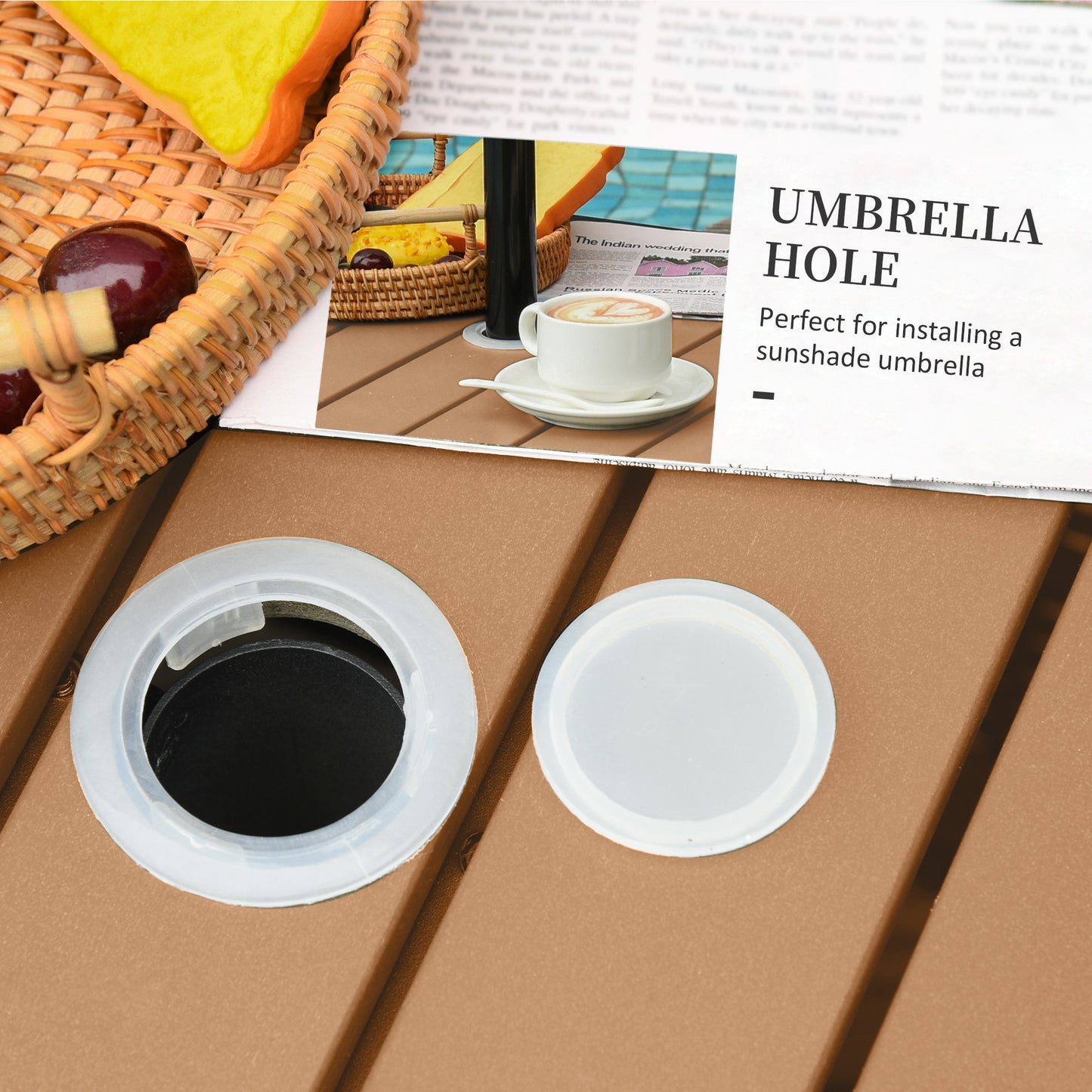 US Local Rattan Wicker Outdoor Accent Table With Patio Umbrella Hole, Convenient For Garden