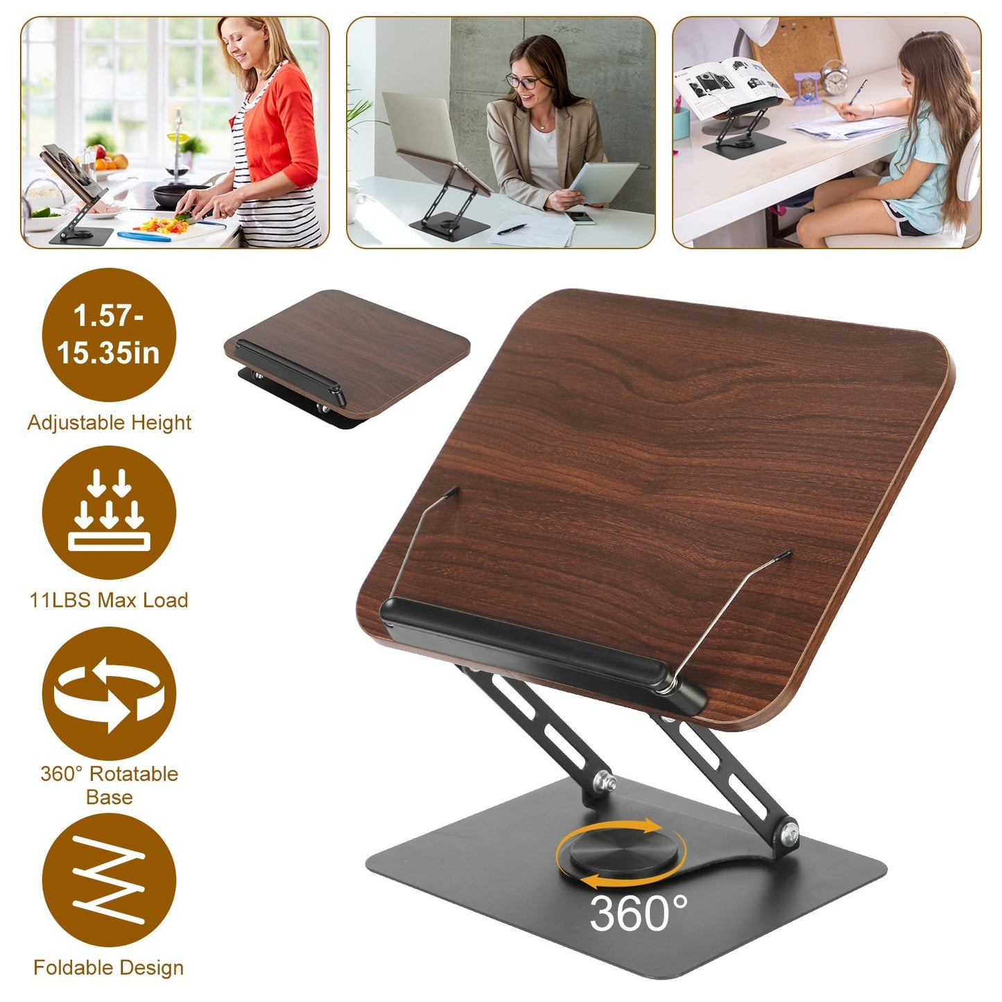 US Local 1Pc Book Stand For Reading Foldable Wood Book Holder Reading Rack Paper Stand With Adjustable Height 360 Degree Rotatable Base Dual Paper Clips For Book Sheet Music Laptop Drawing Tablet