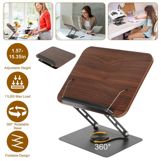 US Local 1Pc Book Stand For Reading Foldable Wood Book Holder Reading Rack Paper Stand With Adjustable Height 360 Degree Rotatable Base Dual Paper Clips For Book Sheet Music Laptop Drawing Tablet