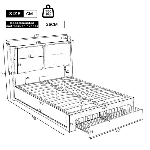 UK Local Upholstered Bed, 135x190 4ft6, Double Bed, Hydraulic Bed, 2-in-1 Storage Drawers At The End Of The Bed, Recessed LED Light Strips On Both Sides Of The Bed, Slatted Frame, Velvet,Beige