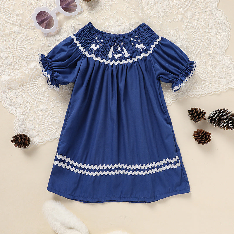 US Local Toddler Infant Girl Christmas Santa Embroidery Short Sleeve Princess Party Dress Smocked Baby Girl Clothes