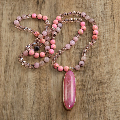 Natural Stone Glass Knotted Necklace Oval Agate Pendant Necklace Sweater Chain