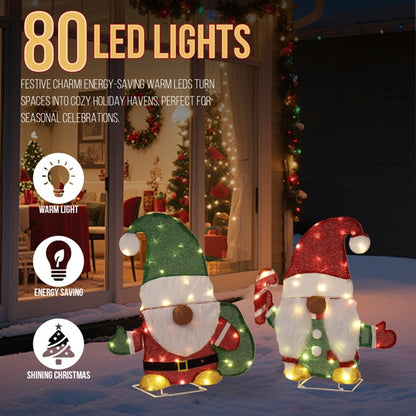 US Local Set Of 2 Lighted Gnome And Candy Cane Christmas Decorations, Pre-lit 2D Holiday Decor With 80 Warm White LED Lights For Xmas Outdoor Indoor Decor Lighted Holiday Displays