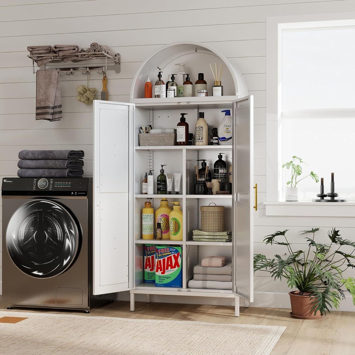 US Local White Kitchen Pantry Cabinet, Arched Storage Cabinet With Doors And Adjustable Shelves, Tall Freestanding Cupboard For Laundry, Dining Room, Living Room, Bathroom