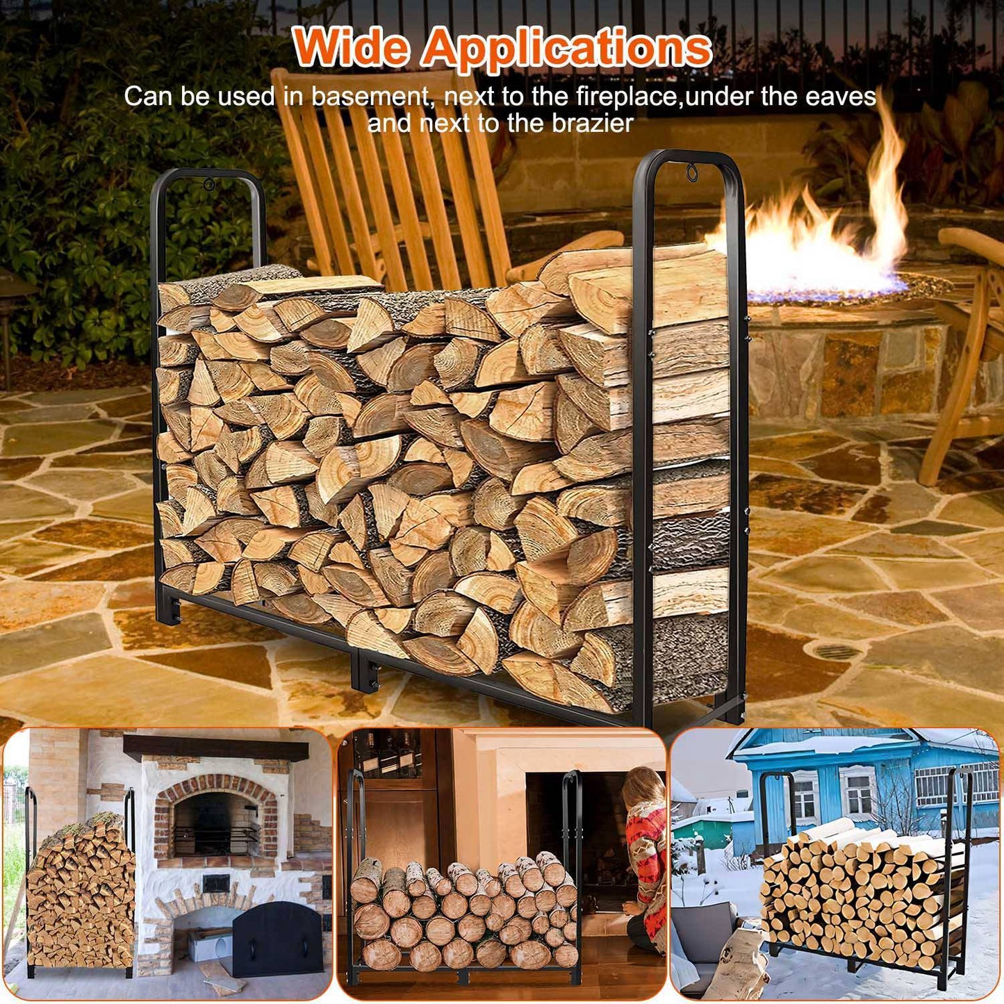 US Local 1 Pc Firewood Log Rack 2500LBS Iron Wood Lumber Storage Stacking Rack 4.03ft Heavy Duty Pile Lumber Storage Holder For Fireplace Firepit