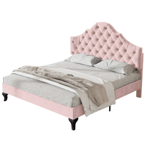 UK Local Upholstered Bed With Slatted Frame And Headboard, 4ft6 Double Bed,135x190,Upholstered Bed With Height-adjustable Headboard, Youth Bed, Wooden Slat Support, Easy Assembly, Velvet, Pink