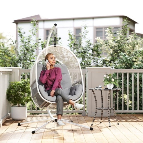 UK Local Outsunny Hanging Egg Chair Outdoor Indoor, Swing Hammock Chair With Stand, Cushions, Lumbar Pillow, Adjustable Height And Steel Frame For Garden Patio Lounge Porch, Light Grey