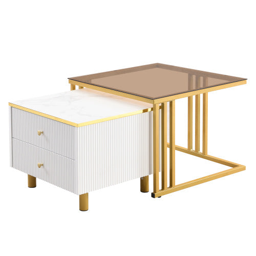 UK Local Coffee Table Set Of 2, Nesting Coffee Table With Marble Pattern, Modern Gold Nesting Side Table, Coffee Table With Drawer, Metal Frame Square End Table, Center Tables For Living Room,Bedroom And Small