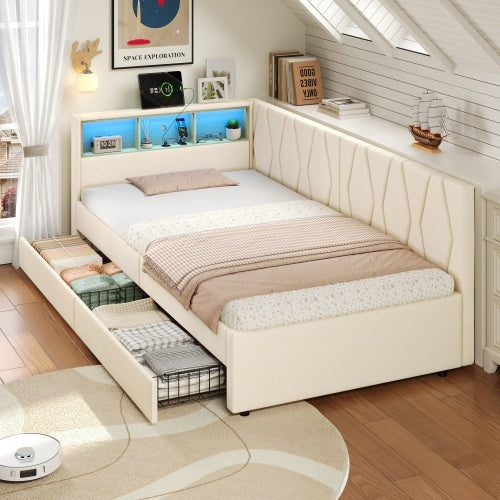 UK Local 3ft Single Daybed With Two Storage Drawers, LED Modern Bed Frame With Charging Station, Linen Sofa Bed For Living Room Bedroom Study Room, 90X190cm, Easy Assembly, Beige
