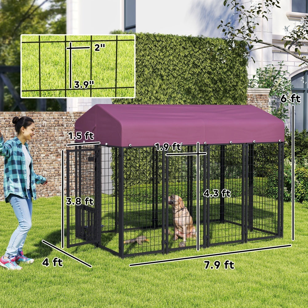 US Local Welded Wire Outdoor Dog Kennel With 360 Rotating & 4 Levels Adjustable Bowls, Waterproof Cover, 7.9 X 4 X 6