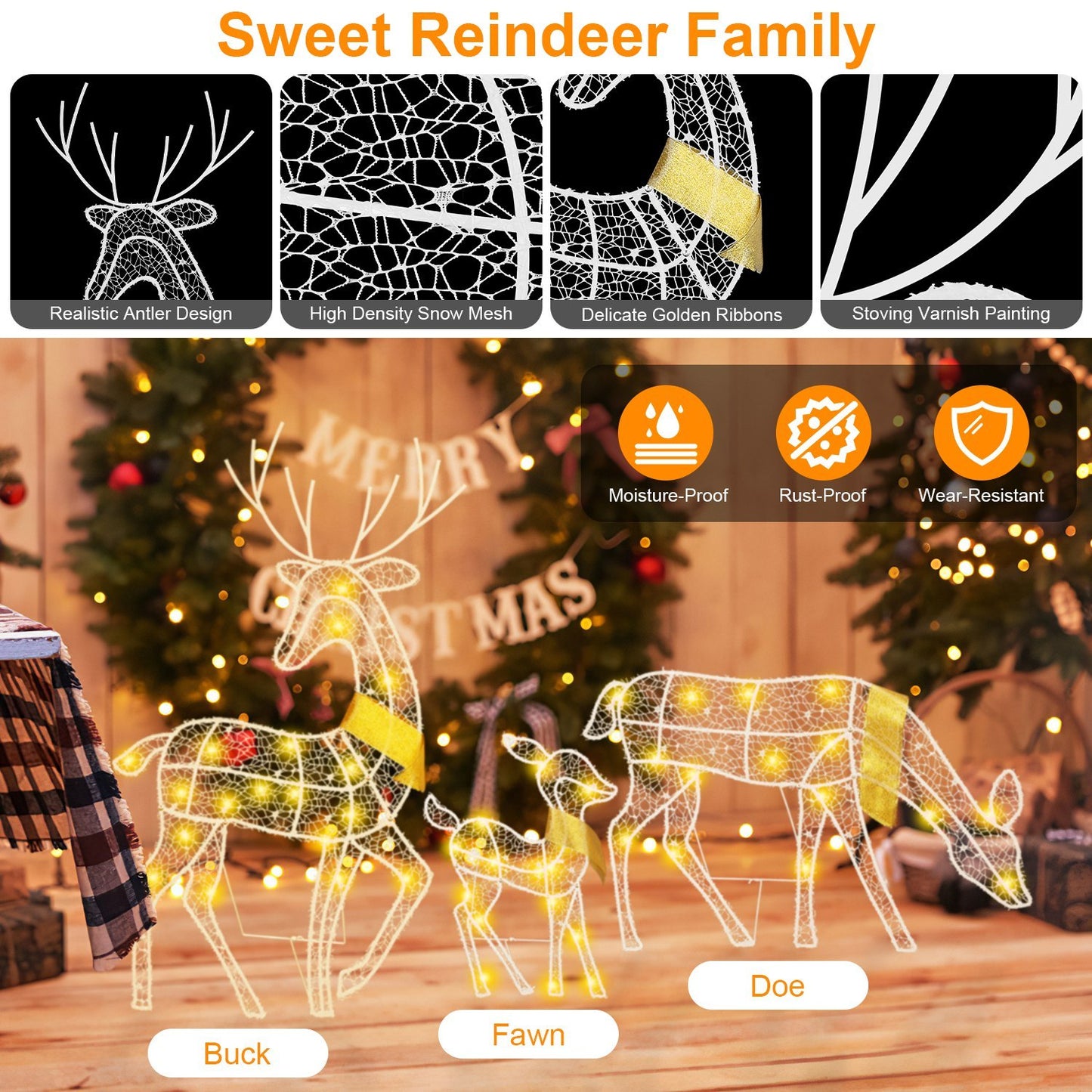 US Local 3 Sets Of Reindeer Family Lighted 2D Christmas Deer Decoration Warm Yellow Light 3 Lighting Modes Buck Doe Fawn Indoor Outdoor Christmas Decoration