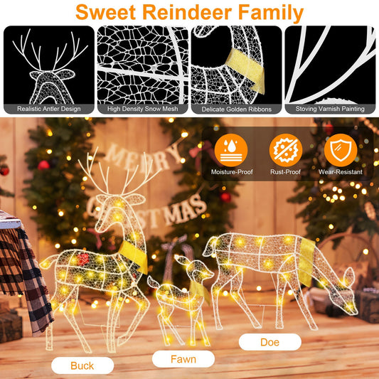 US Local 3 Sets Of Reindeer Family Lighted 2D Christmas Deer Decoration Warm Yellow Light 3 Lighting Modes Buck Doe Fawn Indoor Outdoor Christmas Decoration