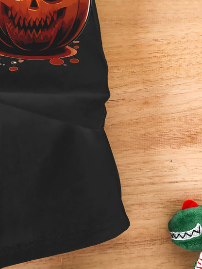 Men's Casual Polyester Round Neck T-shirt With 3D Shark And Halloween Pumpkin Patterns, Fitted Knit Fabric, Slightly Elastic