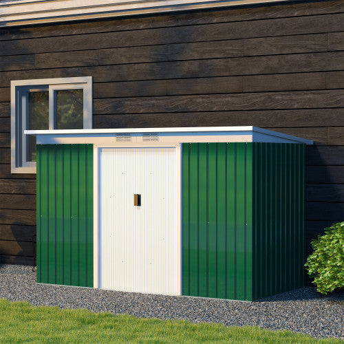 UK Local Outsunny 9ft X 4ft Metal Garden Shed, Outdoor Tool House With Foundation Kit, Ventilations And Double Doors, Deep Green
