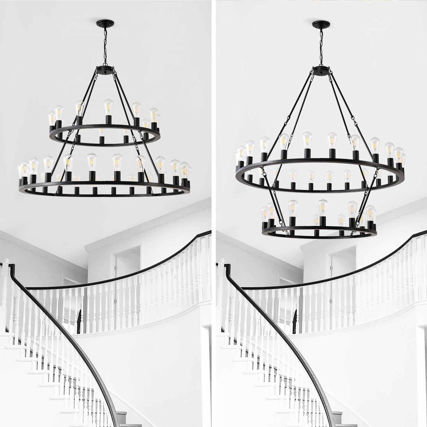 US Local 48 Inch Black Extra Large Wagon Wheel Chandelier, 2 Tier 36-Lights No Include Farmhouse Industrial Round High Ceiling Pendant Light Adjustable Chain, For Dining Room, Living Room,Kitchen
