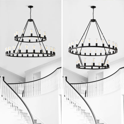 US Local 48 Inch Black Extra Large Wagon Wheel Chandelier, 2 Tier 36-Lights No Include Farmhouse Industrial Round High Ceiling Pendant Light Adjustable Chain, For Dining Room, Living Room,Kitchen