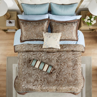 US Local 12 Piece Comforter Set With Cotton Bed Sheets Blue Brown Full