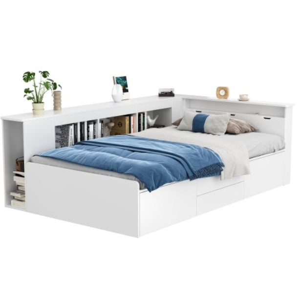 UK Local Children's Bed, Single Bed-3ft90x190cm, Single Bed, Multifunctional Children's Bed With Drawers, Bookcase And Storage Cupboard, Bed Box With Storage Space, Without Mattress, White