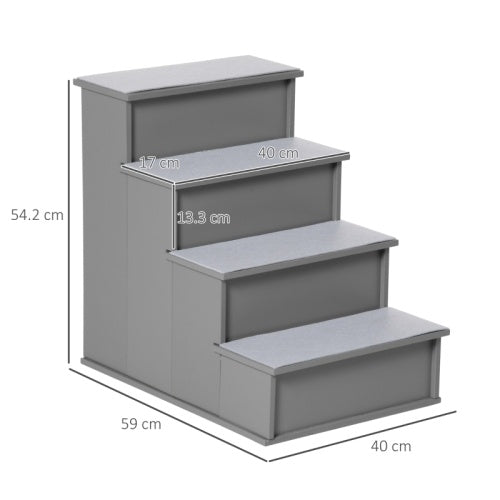 UK Local PawHut 4 Step Wooden Dog Steps Pet Stairs For Dogs, Cat Ladder For Bed Couch With Non-Slip Carpet 40 X 59 X 54.2 Cm, Grey