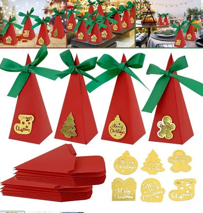 US Local 20PCS Christmas Candy Boxes 4 Styles Christmas Treat Gift Boxes Cute DIY Paper Box With Ribbon Triangle Sweet Boxes For Birthday Christmas Party Supplies