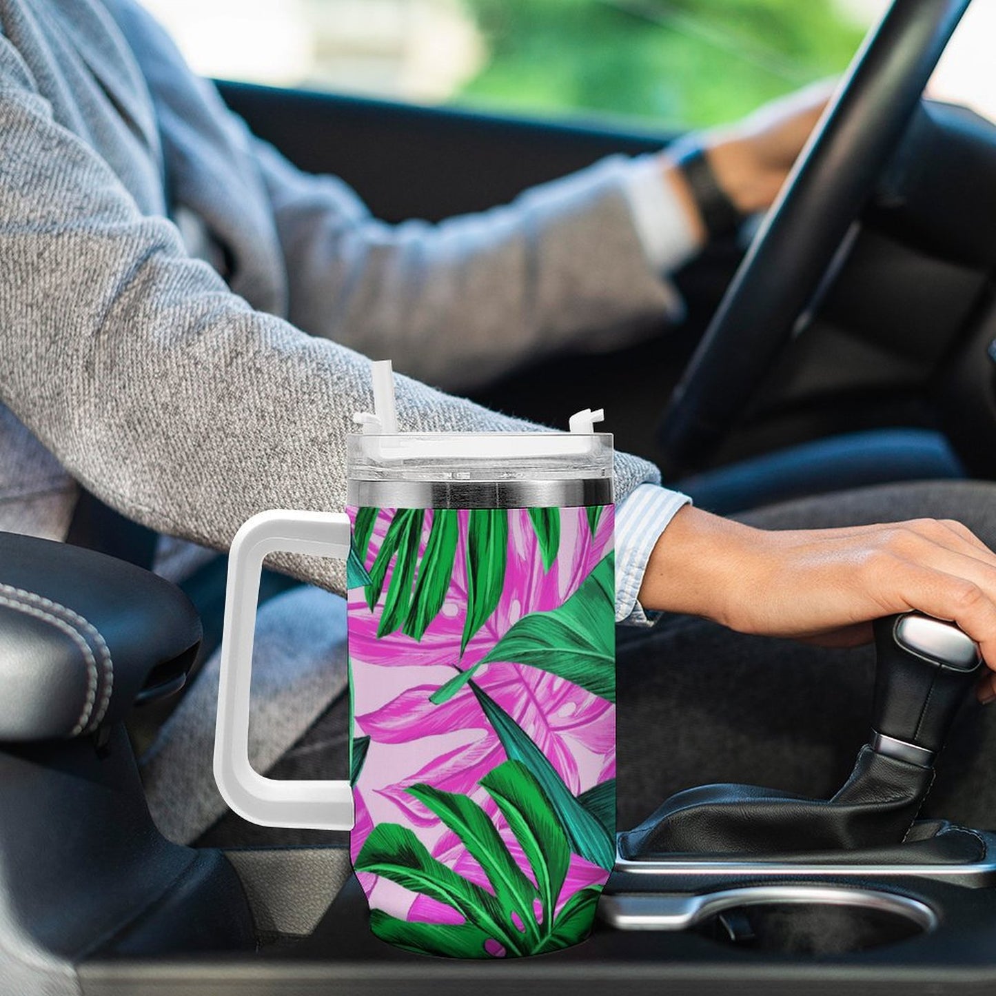 PHDT00466 POD US Local Tumbler 40 oz Large Capacity Car Cup Tropical, Monstera, Pink