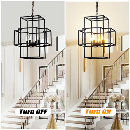 US Local 4-Light Metal Lantern Tiered Pendant Hanging Light Fixtures, Industrial Farmhouse Adjustable Height Chandeliers For Dining Room Hallway Foyer Entryway--Matte Black