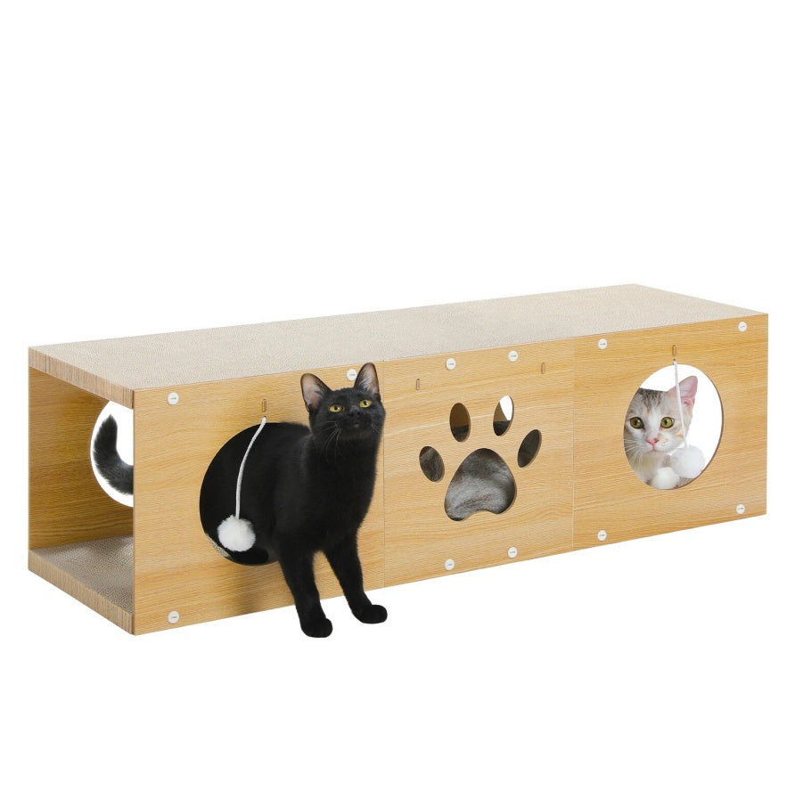 US Local MUlti-Hole Fun Cat Tunnel With Scratching Board And Game Pom Pom Cat Tunnel House, Interactive Cat Scratching House, Self-improvement Drilling Hole Teaser, Must-have For Multi-Cat Families