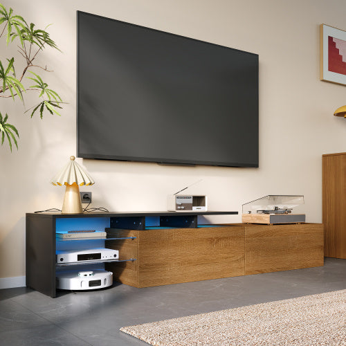 UK Local Modern TV Cabinet Design Stylish And Elegant, Practical Storage Space, Black And Wood Look, Glass Shelves, LED Lighting