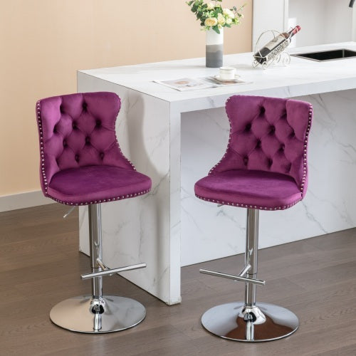 US Local Swivel Velvet Barstools Adjusatble Seat Height From 25-33 Inch Purple,Set Of 2