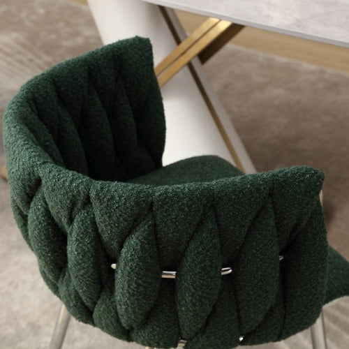 UK Local GOMYWAY Modern Hand Weaving Dining Chairs Set Of 2, Boucle Upholstered Side Chairs With Silver Legs, Kitchen Chairs With Armrest, Accent Chairs, Vanity Chairs For Dining Room Emerald, Set Of 2