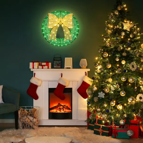 US Local 24in Pre-lit Outdoor Christmas Wreath Decoration, Lighted Metal Wreath With Golden Bow, Green And Warm White LED Lights, For Front Door Gate Wall Indoor Outdoor Holiday Party