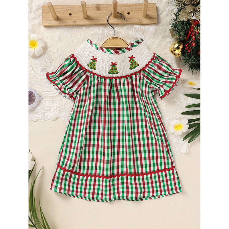 US Local Toddler Infant Baby Girls Christmas Dress Short Sleeve Christmas Tree Embroidered Plaid Casual Party Dresses