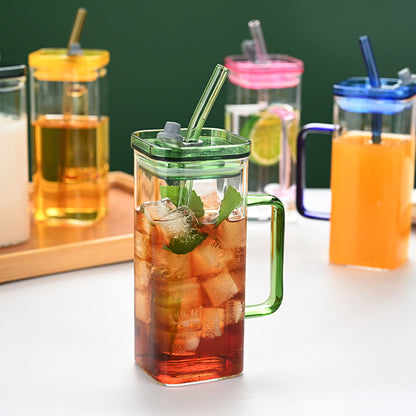US Local 6 Pcs Glass Straw Cup, 6 Colors Square Glass Cup With Straw And Lid, High Borosilicate Glass Cup, Milk Cup, Juice Cup, Cold Drink Cup, Coffee Cup, Tea Cup, Office Cup, Gift Cup