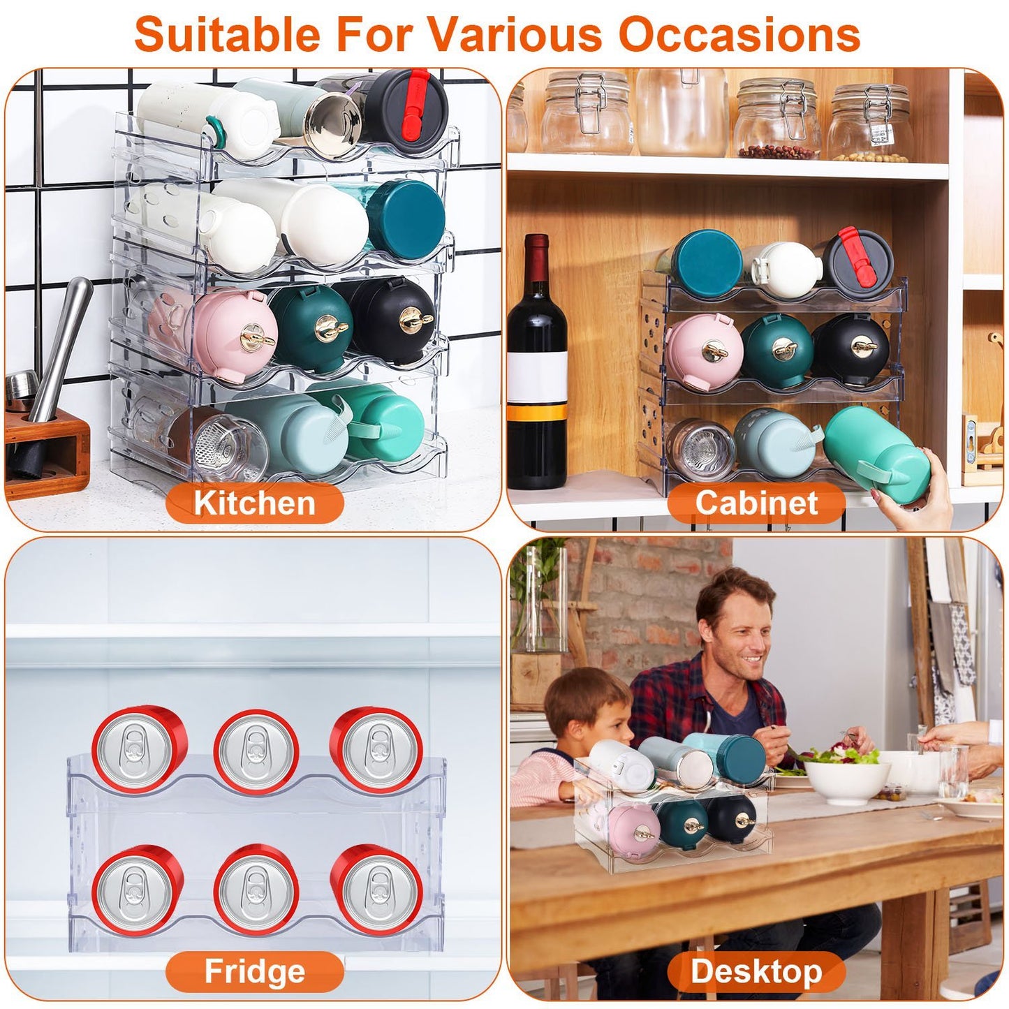 US Local 1Pc 4 Tier Bottle Storage Holder 12 Bottles Transparent Stackable Bottle Organizer Standing Drink Holder Shelf For Kitchen Fridge Cabinet Pantry