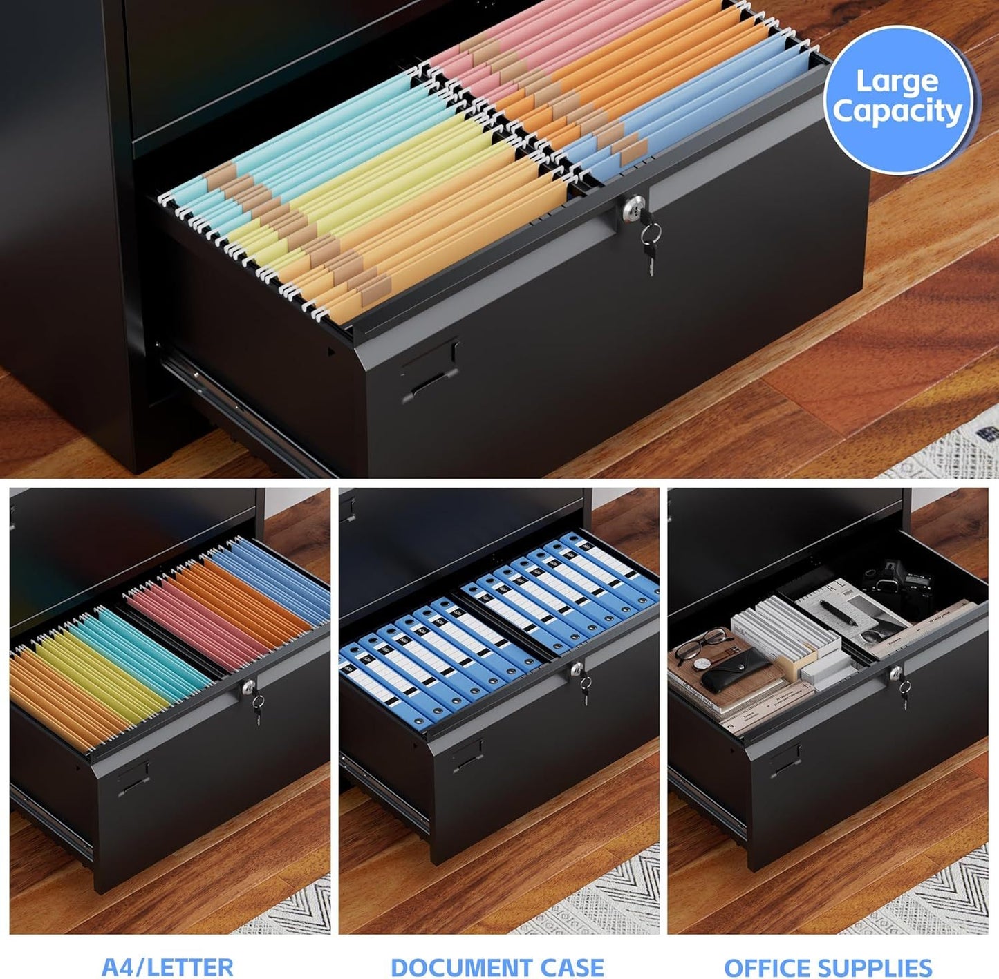 US Local Metal 2 Drawer Lateral File Cabinet With 2 Lock - Wide Filing Cabinet For Letter Legal Hanging Files - Includes Business Card Holder,Home Office School Storage,Black