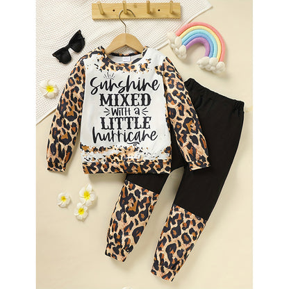 US Local Toddler Girls Fall Winter Outfits Leopard Letter Print Crewneck Long Sleeve Sweatshirt Top & Sweatpant 2 Piece Clothing Set