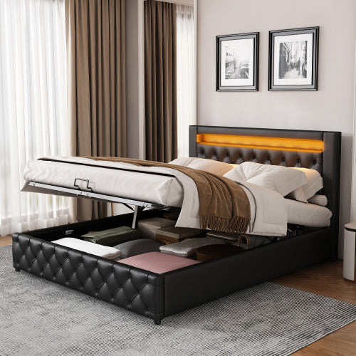 UK Local Upholstered Bed 135 X 190 Cm Functional Bed With Slatted Frame And Storage Space, LED Lighting In Different Colors, White, PU
