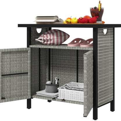 US Local Outdoor Pool Towel Storage Cabinet Organizer, Outdoor Bar Table With Shelf And Cabinet, Pool Towel Holder Pool Valet With Weather-Resistant PE Rattan And Steel Frame, Gray